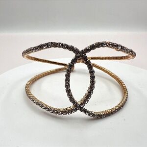 Vintage 80s Gold Tone Rhinestone Crossover Cuff Bracelet Spark Statement Jewelry